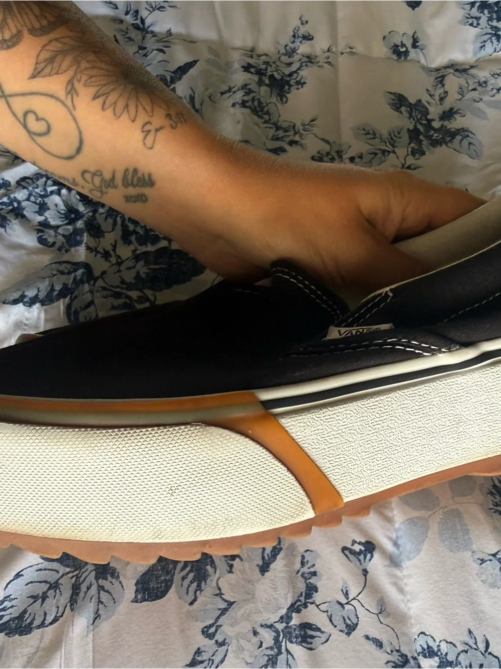 Vans Black and Tan Platform Slip-On Sneakers